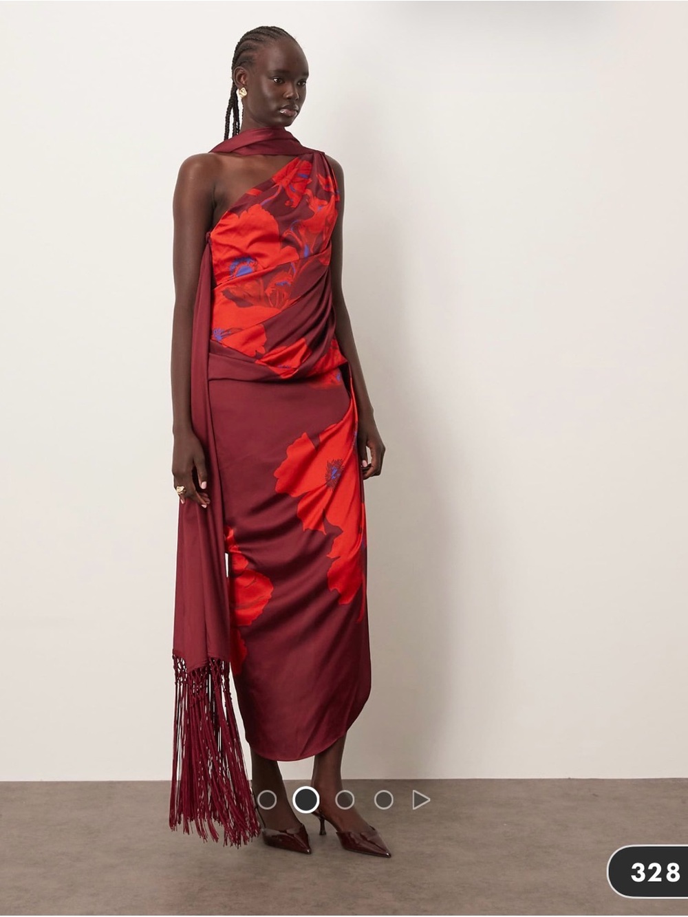 One-Shoulder Scarlet Floral Midi Dress with Draped Scarf Detail